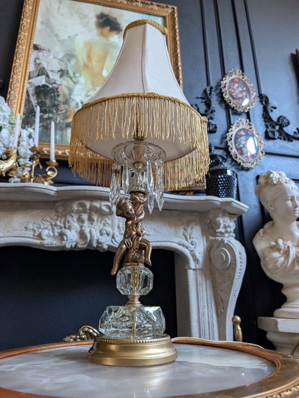 Vintage Gold Ornate Hollywood Regency Figural Cherub Crystal, Brass Table Lamp,